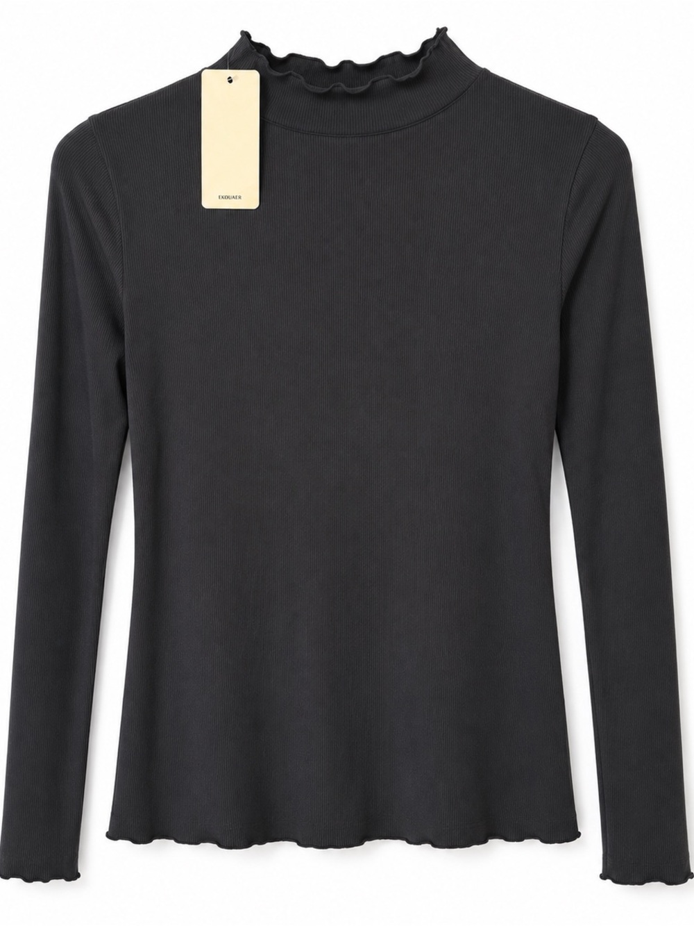 Women's Black Ribbed Lettuce-Edge Mock Neck Long Sleeve Top
